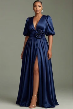 Elegant Women's Navy Satin Formal Evening Gown Puff Sleeve Deep V Neck High Slit Maxi Dress Plus Size Wedding Guest Party Dres