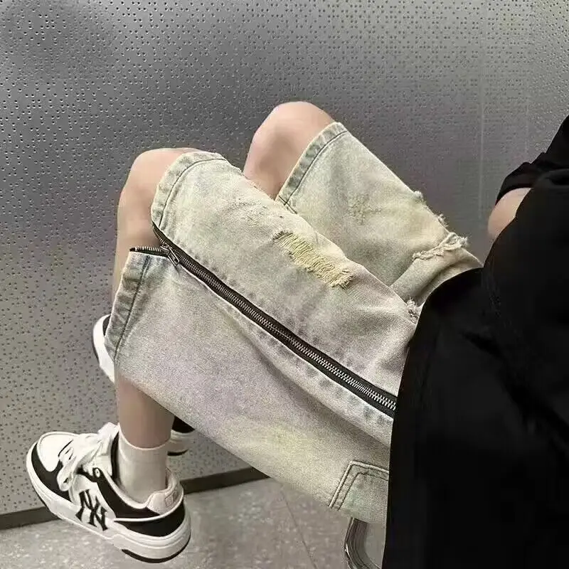 Yellow mud denim shorts men's trendy brand hand some American retro washed workwear style loose casual casual mid-length pants