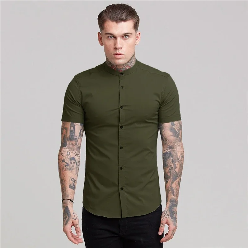 New Arrivals Summer Man Short Sleeve Shirt Solid Fitness Mens Stand Collar Super Slim Fit Business Dress Shirt Button Gym Tops 5