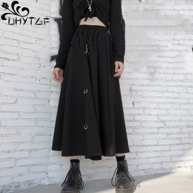

UHYTGF Black Skirt Women Spring Summer New Elastic-Waist Vintage Lock Catch Streetwear A-Line Casual Loose Elegant Female Skirts