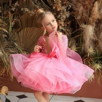 2024 Girls' clothing sequins high-end bow puffed skirt Children's birthday banquet evening dress 3-10 years old ballet performan 1