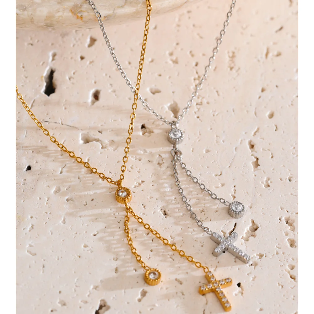 Yhpup CNC Cubic Zirconia Cross Extend Chain Drop Necklace