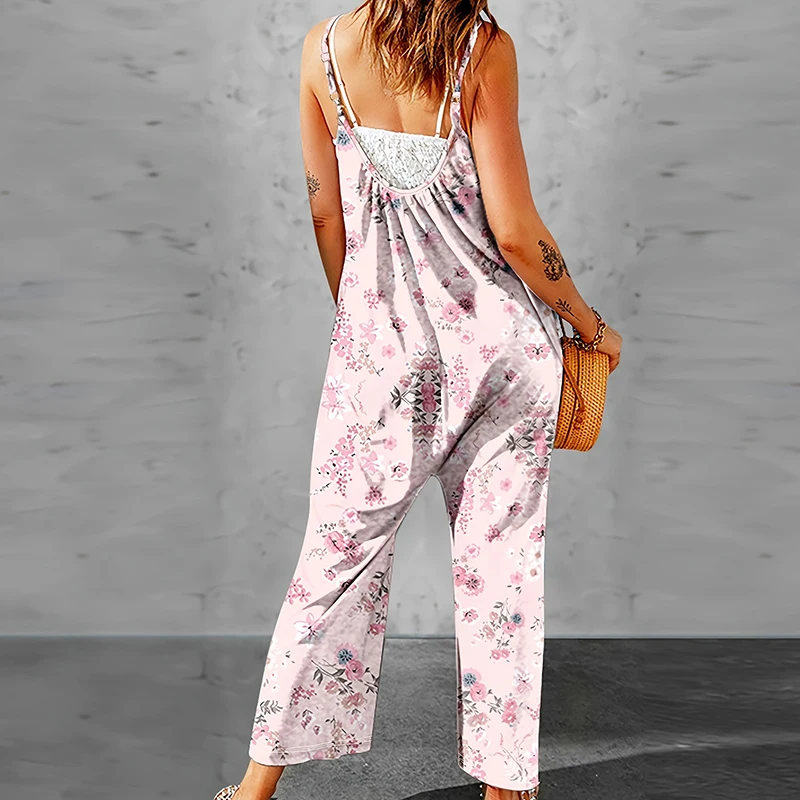 2024 Spring Summer Sexy Suspender Romper Casual Printed Patchwork Sleeveless Women Playsuit Fashion V-neck Pocket Beach Jumpsuit