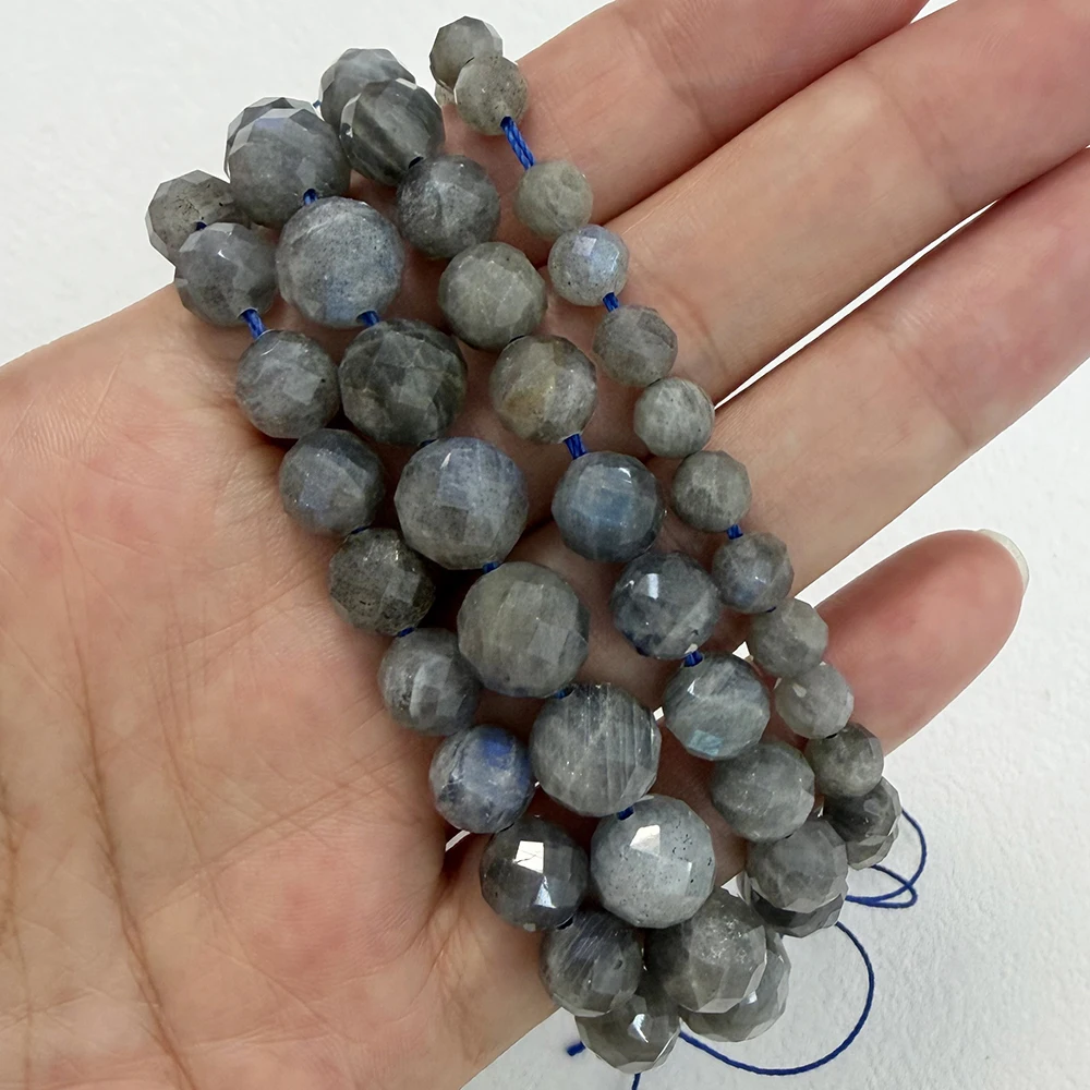 Halbedelstein-Diamantschliffe, facettiert, AA-Qualität, grauer Labradorit, 17,8 cm, runde lose Perlen, 6, 8, 10 mm