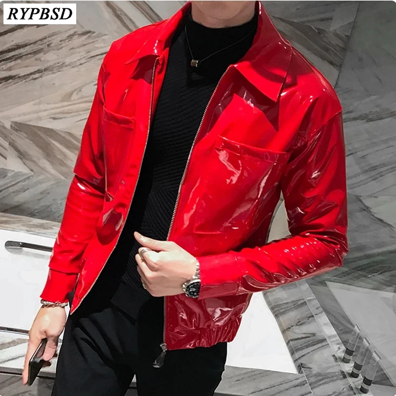 Red Leather Jacket for Men 2024 Winter Fashion Gothic Punk Shinny Singer Club Party Stage Dance Costume Men Black Bomber Coats waffle plaid gothic jacket coat for women men autumn winter singer breast vintage colorblock women bomber jacket with pocket