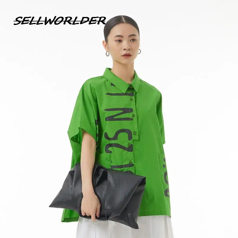 

2023 New Causul women's Irregular stitching short sleeved COTTON shirt Letter Loose fitting Women's Top