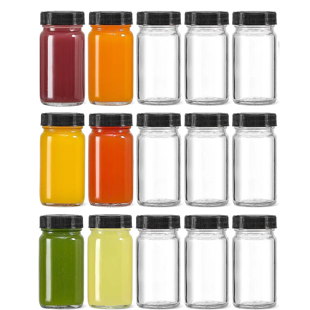 2oz Glass Shot Bottles Black Lids Small Clear Jar for Ginger, Wellness