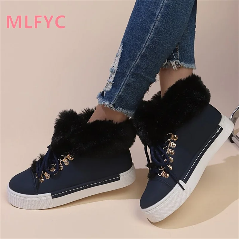 Flat Bottom Winter New Women's Cotton Boots Flat Bottom Lace up Women's Velvet Warm Snow Boots Short Boots mujer