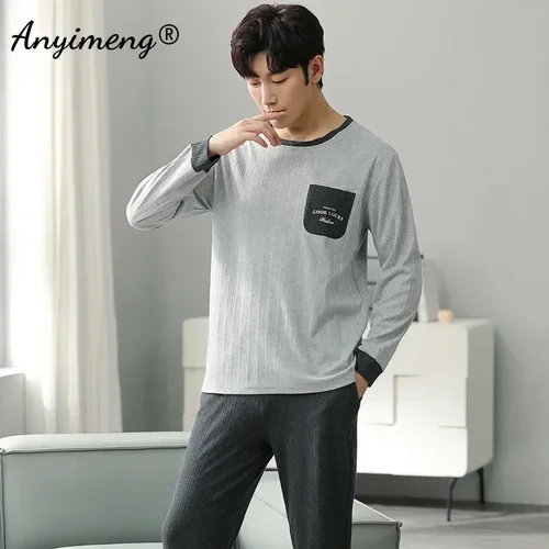 남성용 캐주얼 잠옷, 체크 무늬 바지, 코튼 잠옷 세트, 빅 사이즈, 세련된 신사 PJS, 가을, 겨울, 신상 패션 4