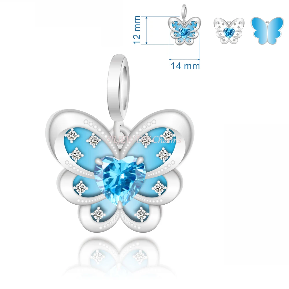 

Gradient Blue Sparkling Butterfly Double Pendant Charm Fit Pandora Bracelet DIY Women Spring Jewelry Gift Original Design