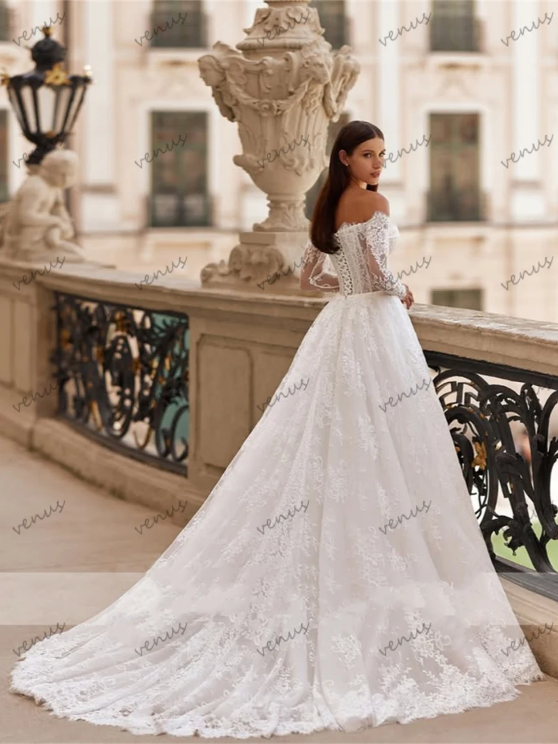 Glamorous Wedding Dresses A Line Lace Bridal Gowns Backless Robes Off The Shoulder Floor Length Vestidos De Novia Customized 4