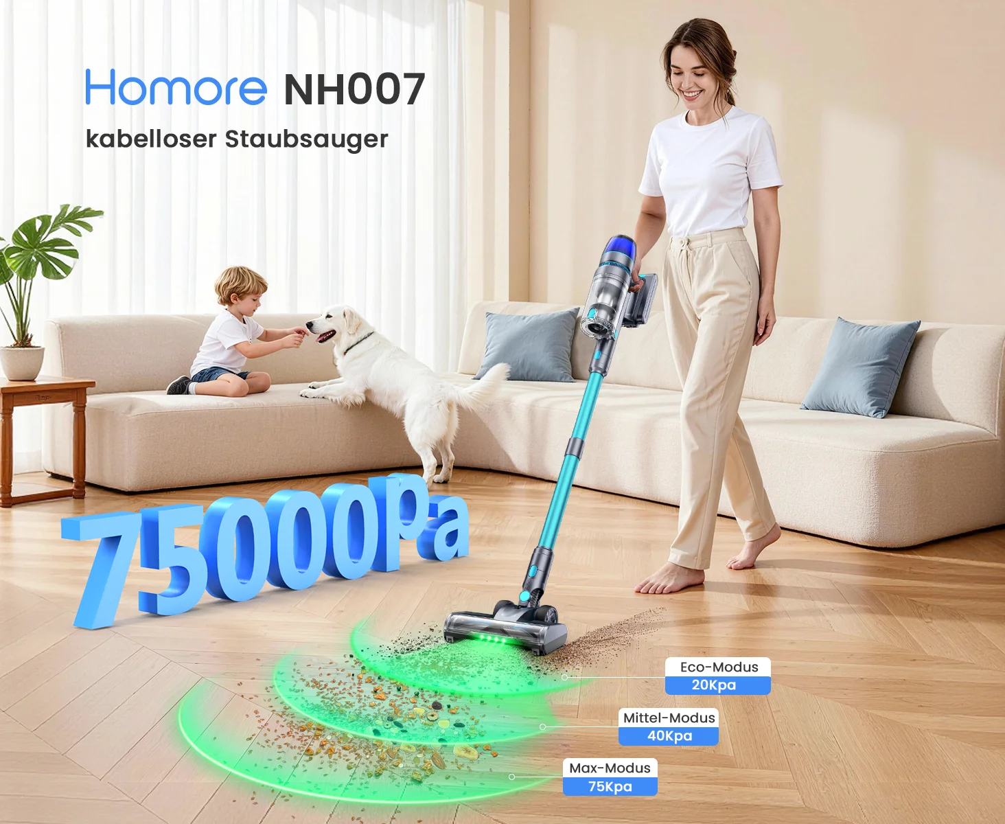 Homore NH007 650W/75KPA Leistungsstarker Akku-Staubsauger mit LED-Farbdisplay, Automatischem Saugmodus und Selbststeh-Funktion. – Detail 1