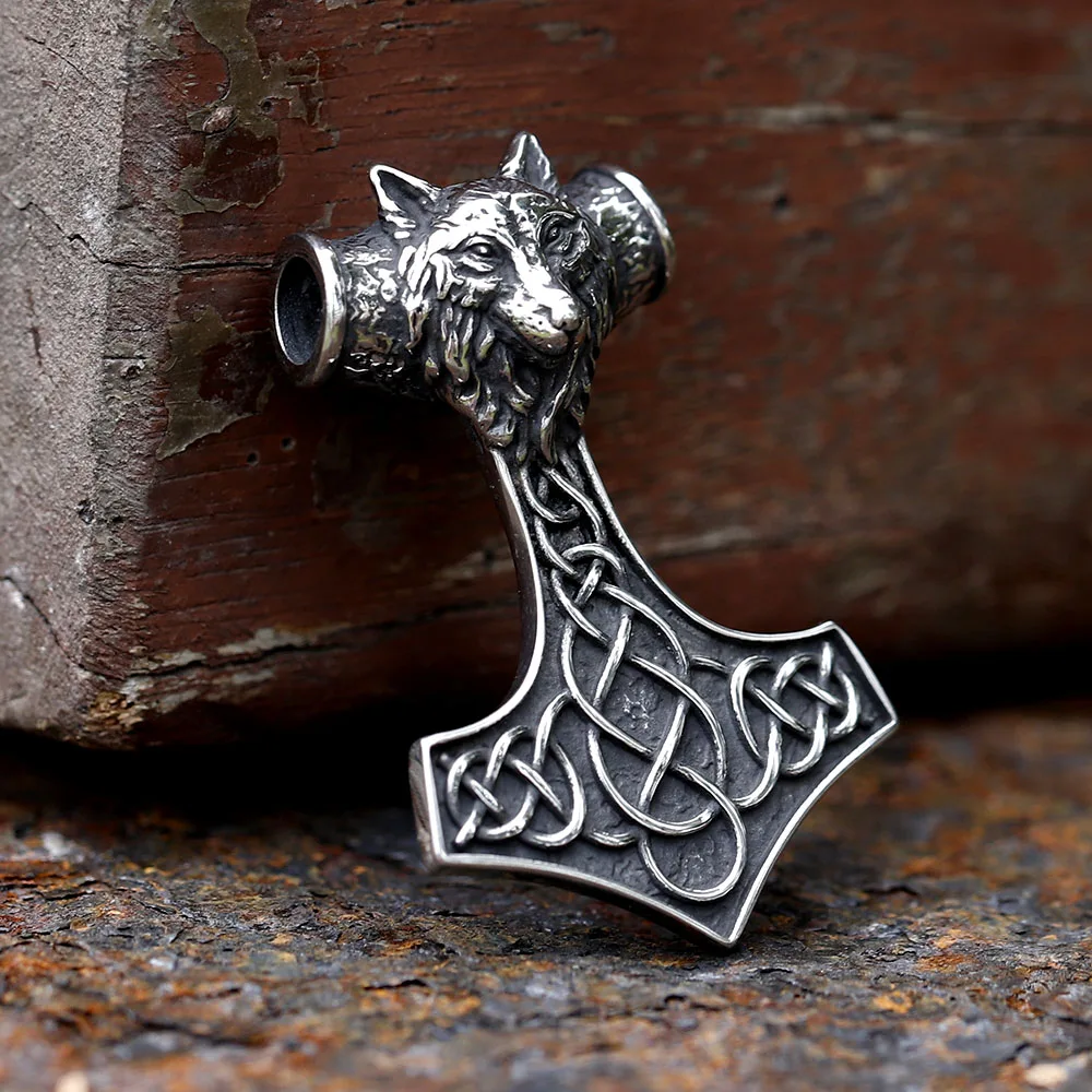 2024 Thor's Hammer Mjolnir Scandinavian Rune Amulet Design Stainless Steel Men's Pendant Viking Wolf Pendant Animal Jewelry