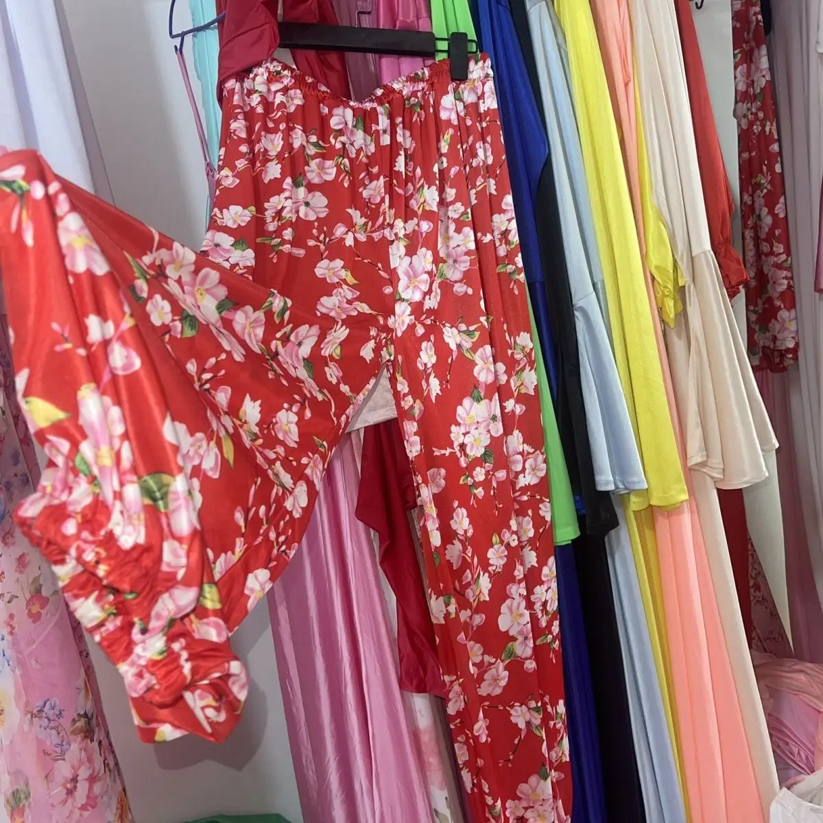 Red floral print glossy satin pajamas pants Women silk loose sleeping plus size trousers