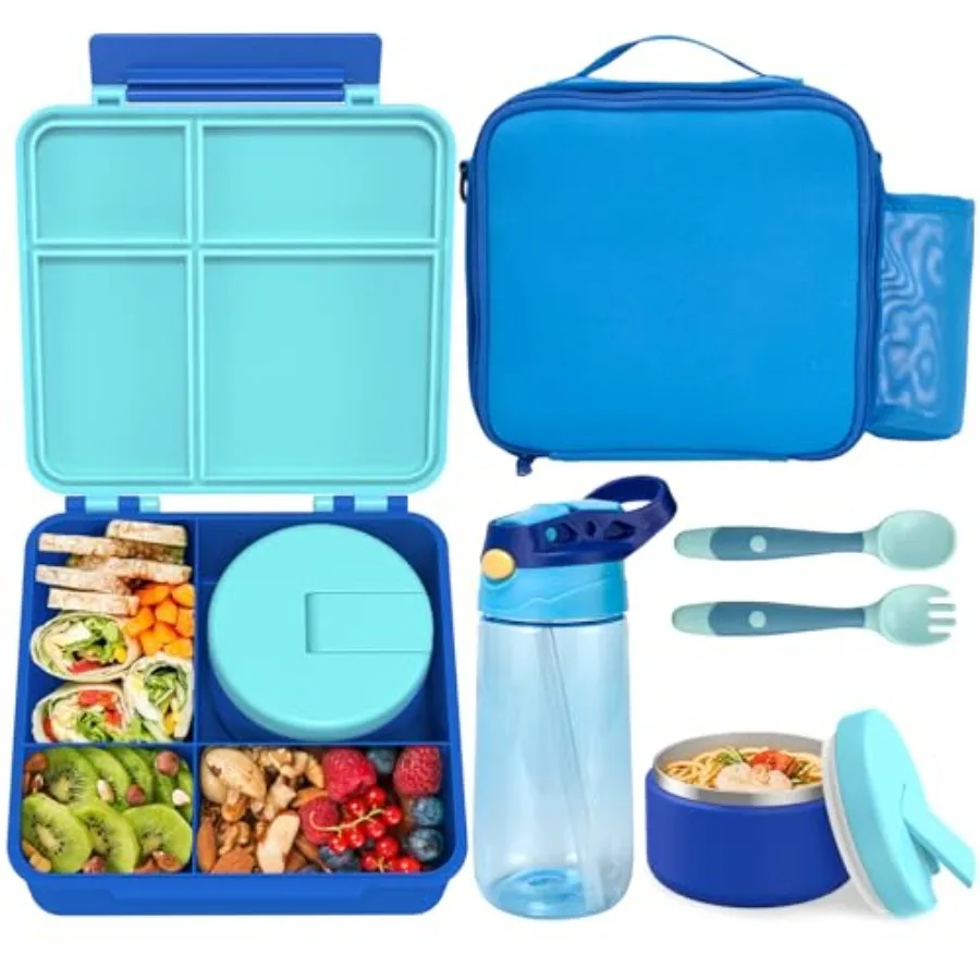 Bento Lunch Box with 8oz Soup Thermo Water Bottle Leakproof Lunch Food Containers with 4 Compartment Insulated Hot Food Jar wit