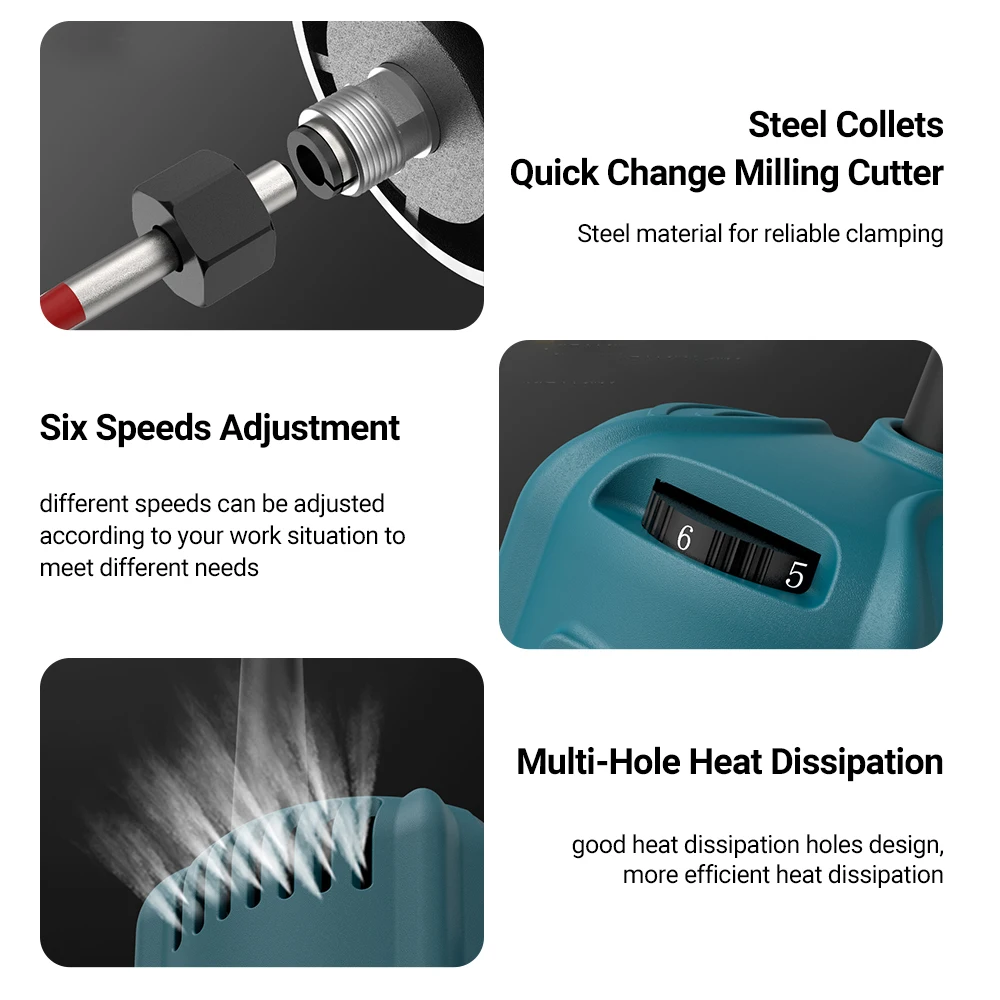 Compact Wood Router Tool Electric Hand Trimmer 6 Variable Speeds Woodworking Cutting Tool 33000RPM 15PCS Router Bits wood router