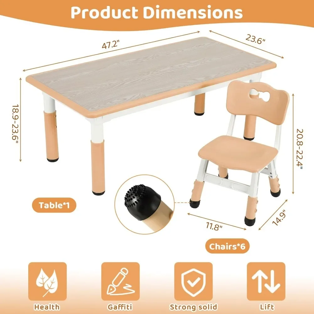 Kids Table and 6 Chairs Set, Height Adjustable Graffiti Table,Preschool Activity Art Craft Table,for Daycare Classroom Home Boys 5