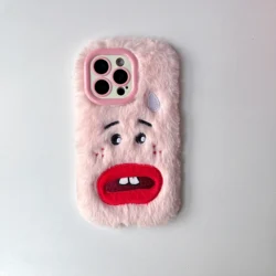 Creative Fluffy Bucktooth Lens Bracket Plush Phone Case - Shockproof and Funny Design - iPhone 15 (Pink)