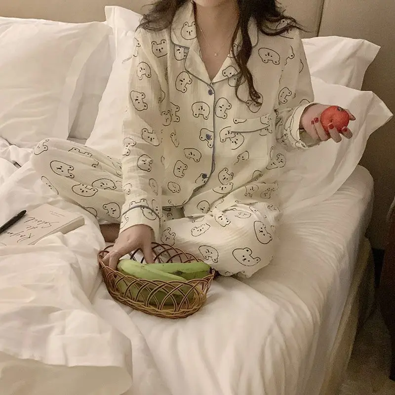 2024 Spring Autumn sleepwear Women's Cartoon Bear Pajamas set Female Cotton Long Sleeve Casual large Size Homewear Two-Piece Set