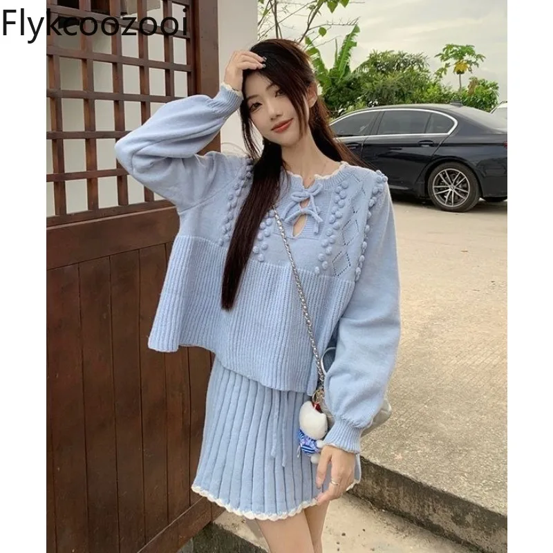 

Women's Skirts Sets Blue O-Neck Bandage Pullover+High Waist Pleated Skirt Gentle Age Reduction Knitted Two Piece Lady's Clothing