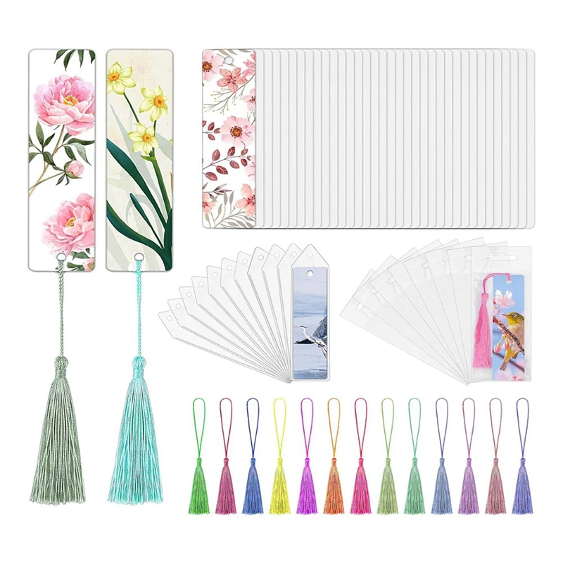 

50 Sets Sublimation Blank Bookmarks Sleeves Tassels And Self-Sealing Bags, White DIY Bookmark