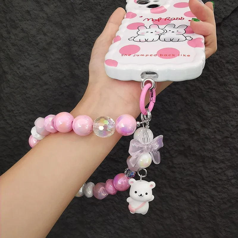 Handmade Frisado Colhedor do Telefone Móvel Pulseira Curta Pulseira Satchel Urso Boneca Pingente Cristal Arco Cadeia Cordão - Image 5