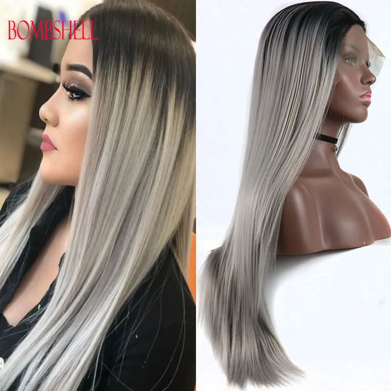 

Bombshell Ombre Grey Straight Synthetic 13X4 Lace Front Wigs Glueless High Quality Heat Resistant Fiber Pre Plucked For Women