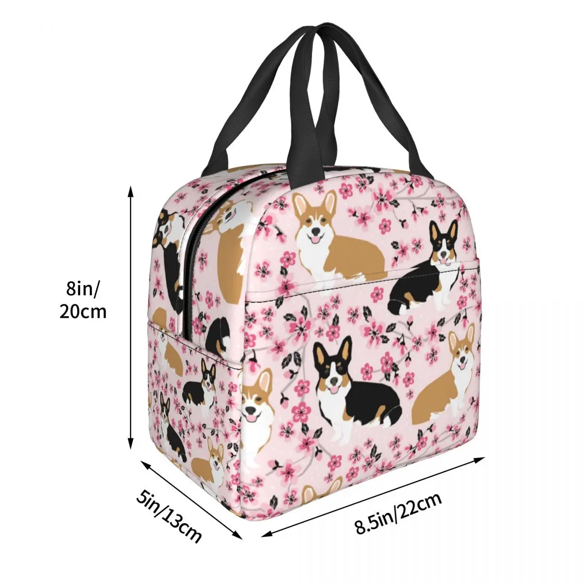 Lunch Bag for Men Women Corgi Dogs Pink Cherry Blossom Floral Thermal Cooler Waterproof Picnic Animal Lunch Box Food Storage Bag
