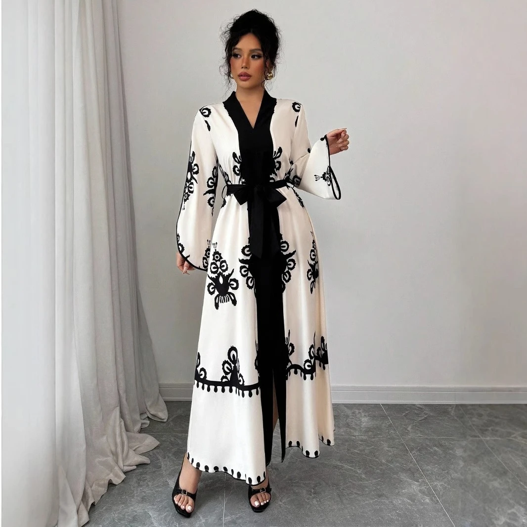 Eid Dress Muslim Women Party Abaya Dresses Print Jalabiya Lace Up Long ...