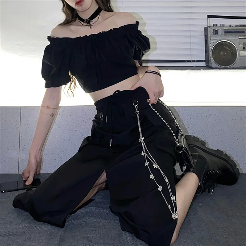 2025 New Spring Autumn Women Skirt Fashion Korean Style Black Long Skirts with Chain Side Slit Hip Hop Streetwear Plus Size 2