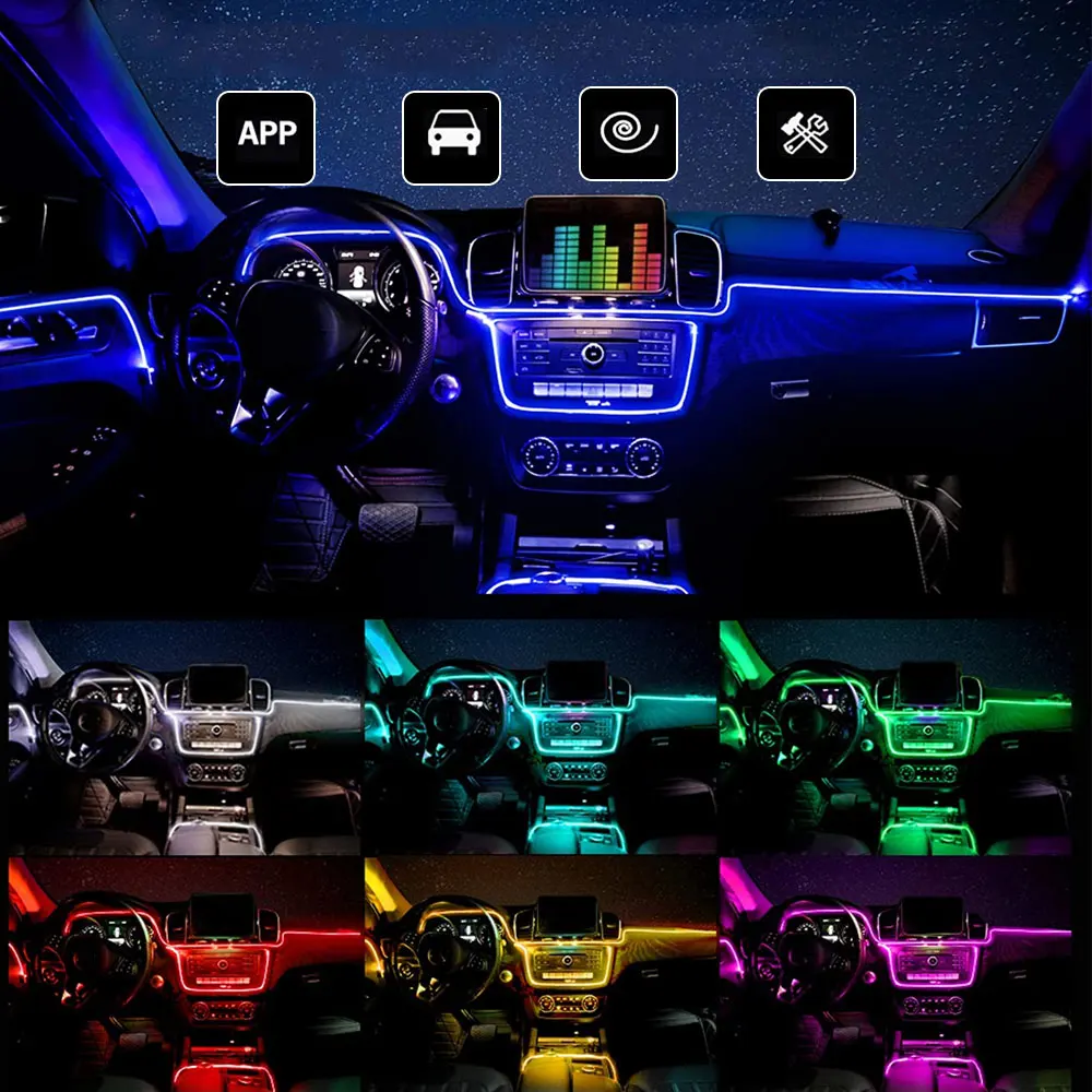 

Светодиодная лента 6 в 1, неоновая RGB лампа для салона автомобиля, с управлением через приложение, 12 В