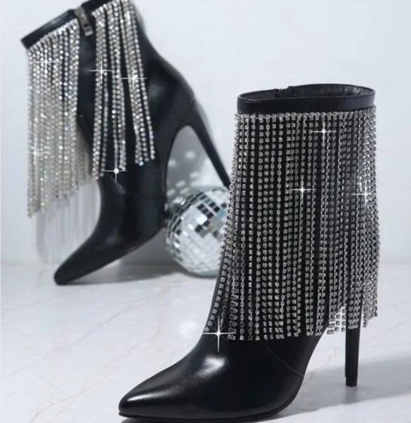 

Silver Chain Fringe Booties Glittering Rhinestone Tassels Pointed Toe High Heels Black Leather Spring Autumn Ankle Boots 12CM