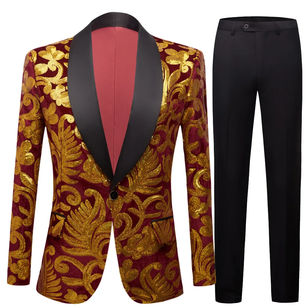 

Модный бархатный блейзер и брюки с золотыми блестками, комплект из 2 предметов, мужские свадебные костюмы для жениха, костюм для вечеринки, банкета, проведения сцены, смокинга