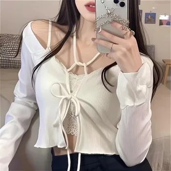White Knitted Cardigan Women Summer Thin Sunscreen Lace-Up Knitwear Tops Female Korean Style Flare Sleeve Short Lovely Coat 1