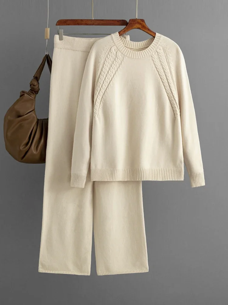 여성용 루즈 스웨터 와이드 레그 팬츠 투피스 세트, 유럽 미국 가을 겨울 캐주얼 솔리드 니트 세트, 여성 의상, 신제품