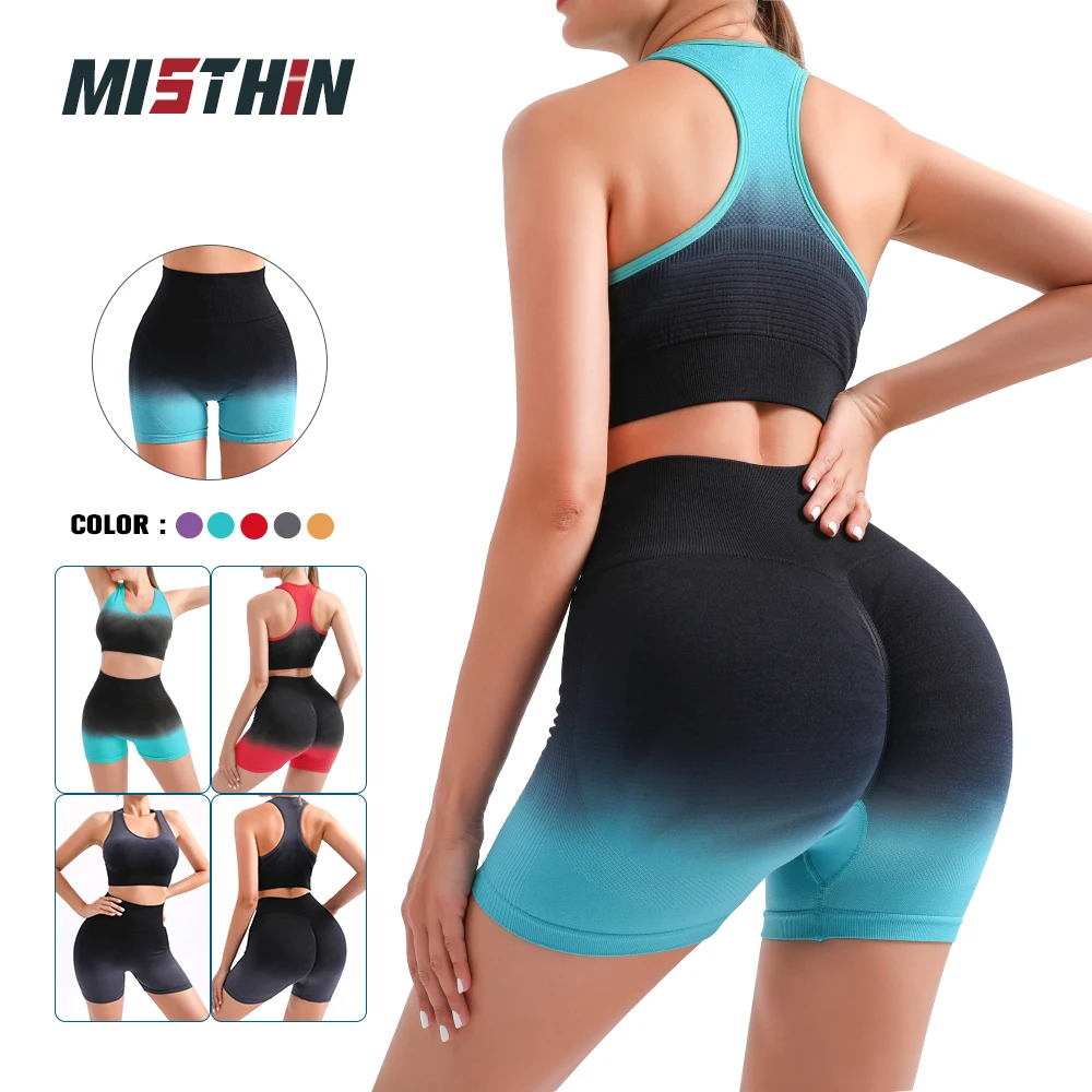 

Комплект для йоги MISTHIN 2 шт., трусики пуш-ап для поднятия ягодиц, спортивная одежда для фитнеса, укороченный топ с высокой талией, градиентные блестящие шорты для тренировок