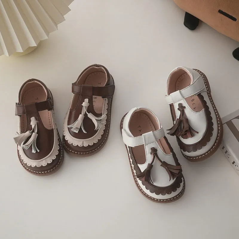 

Children Leather Shoes Girl's Tassels Patchwork Microfiber Leather Shoes Low Top Soft Sole Casual Shoes Size 21-30