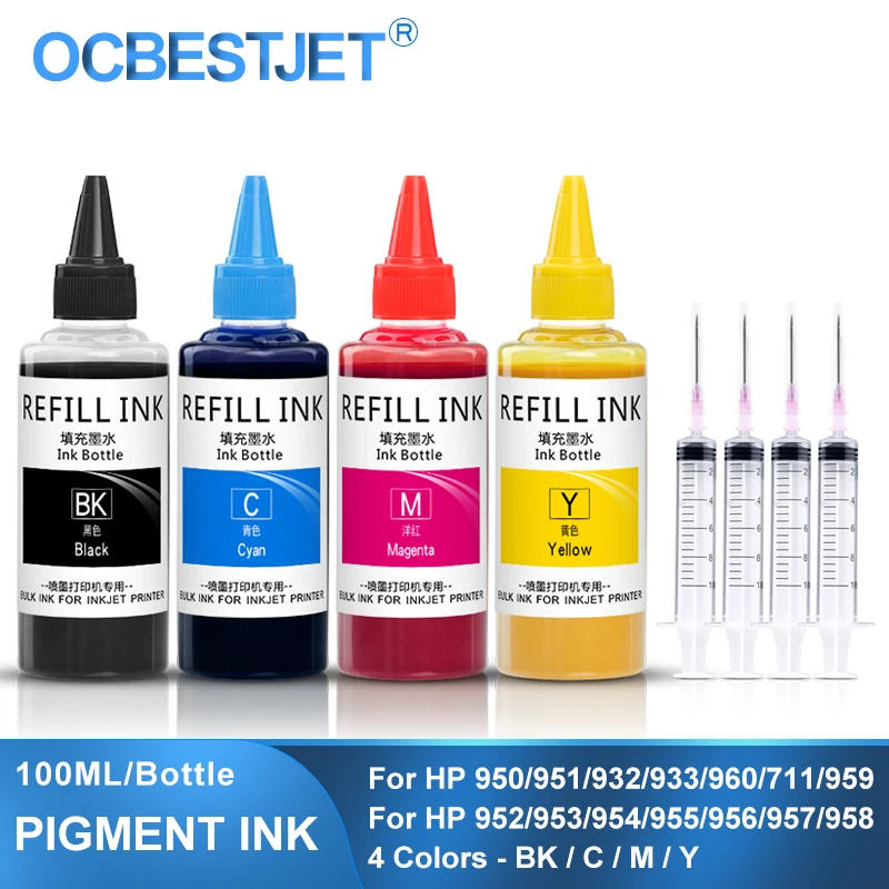 Pigmento de Tinta de Recarga de Tinta para hp 950 951 932 933 952 953 954 955 956 957 711 960 8100 8600 7610 7510 T120 T520 7740 8210 8710 100ml