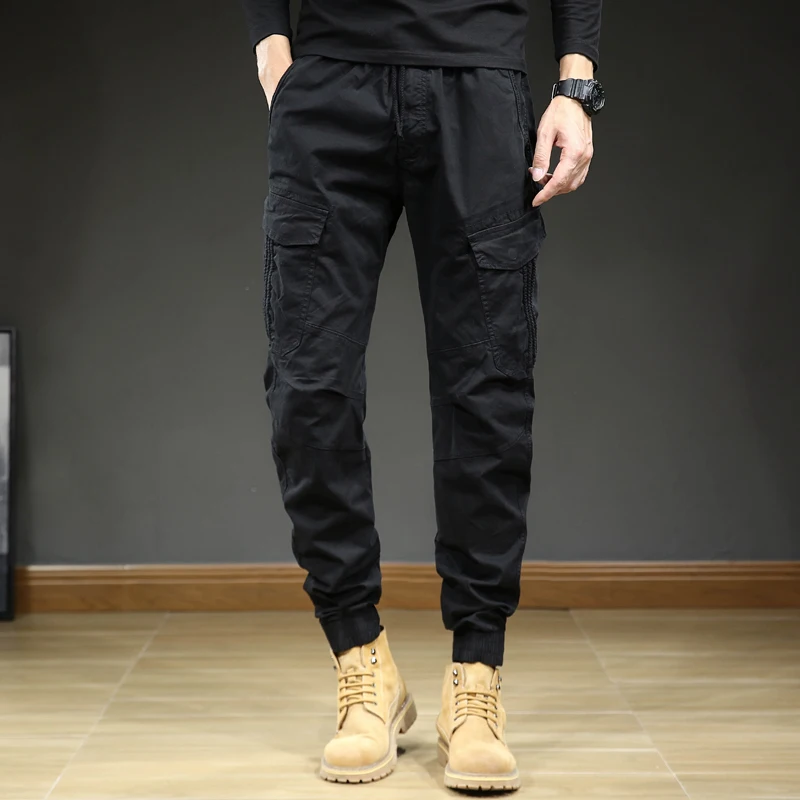 2024 New Men's Pocket Tie Feet Casual Work Wear Pants Slim Fit, Simple and Versatile Men's Sports Outdoor Japanese High Street 1