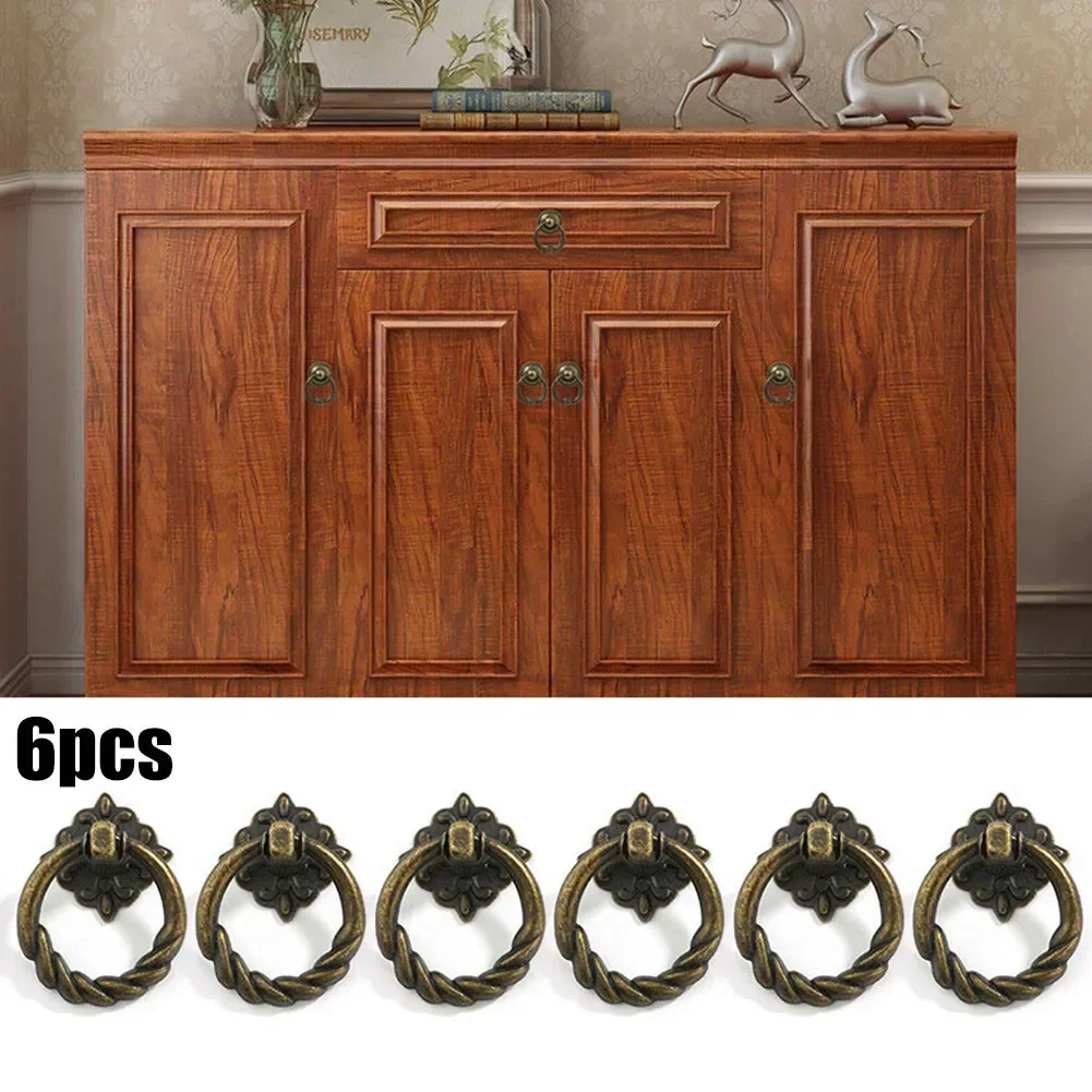 Retro Vintage Cabinet Door Handle Pulls Antique Copper Cupboard Ring Handles Chinese Brass Drawer Pulls Furniture Decor 6 PCS furniture handles kitchen door handles