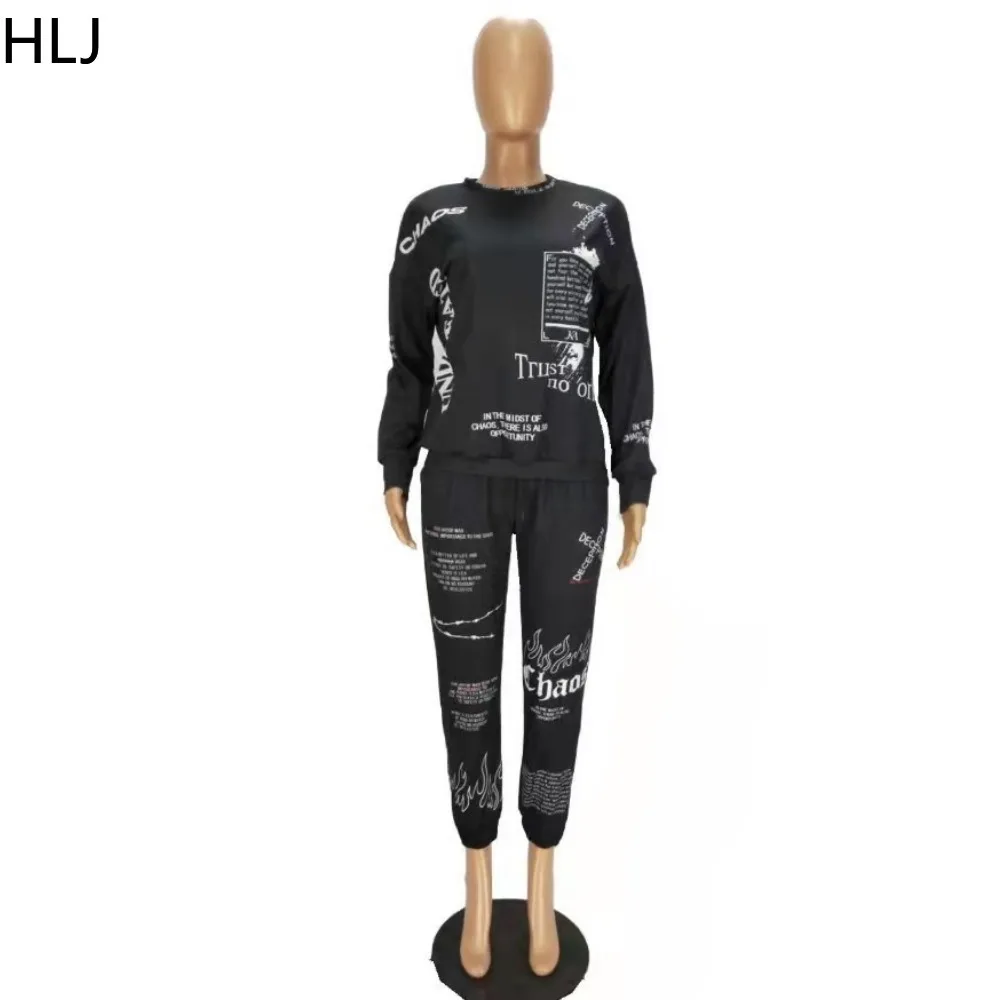 HLJ Autumn Winter Casual Letter Print Jogger Pants Tracksuits Women Round Neck Long Sleeve Pullover+Pants Two Piece Sets Outfits