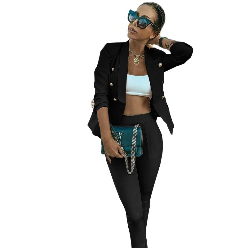 Women's Suit Pant Set 2 Piece Double Breasted Jacket Formal Business Lady Blazer Pants ensemble femme 2 pièces