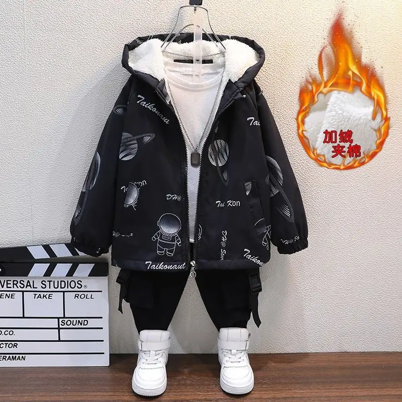 Kids Jackets Kids 4 6 8 10 12 Years Boys Jacket Autumn Winter Plus Velvet Warm Teen Kids Jackets Fashion Letter Zipper Hooded Boys Coat