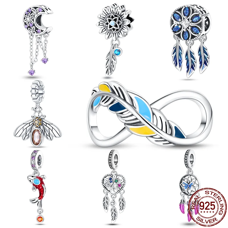 

925 Sterling Silver 2023 New Dream Catcher Series Lucky Feather Crown Charms Beads Fit Pandora 925 Original Bracelet DIY Jewelry