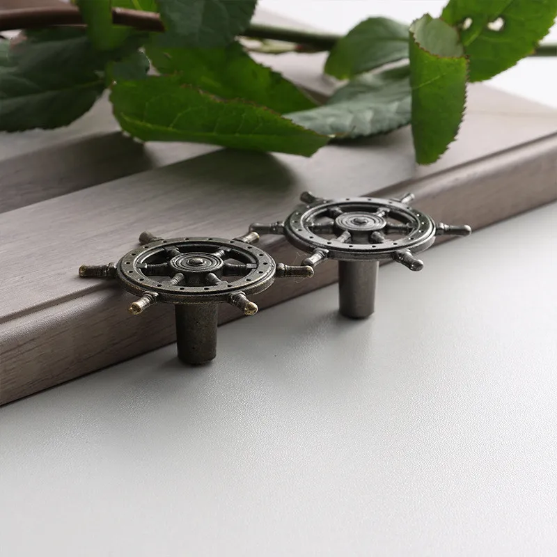 Antique Creative Single Hole Knob Captain Rudder Steering Wheel Handles Kitchen Closet Door Pull Handle 2PCS