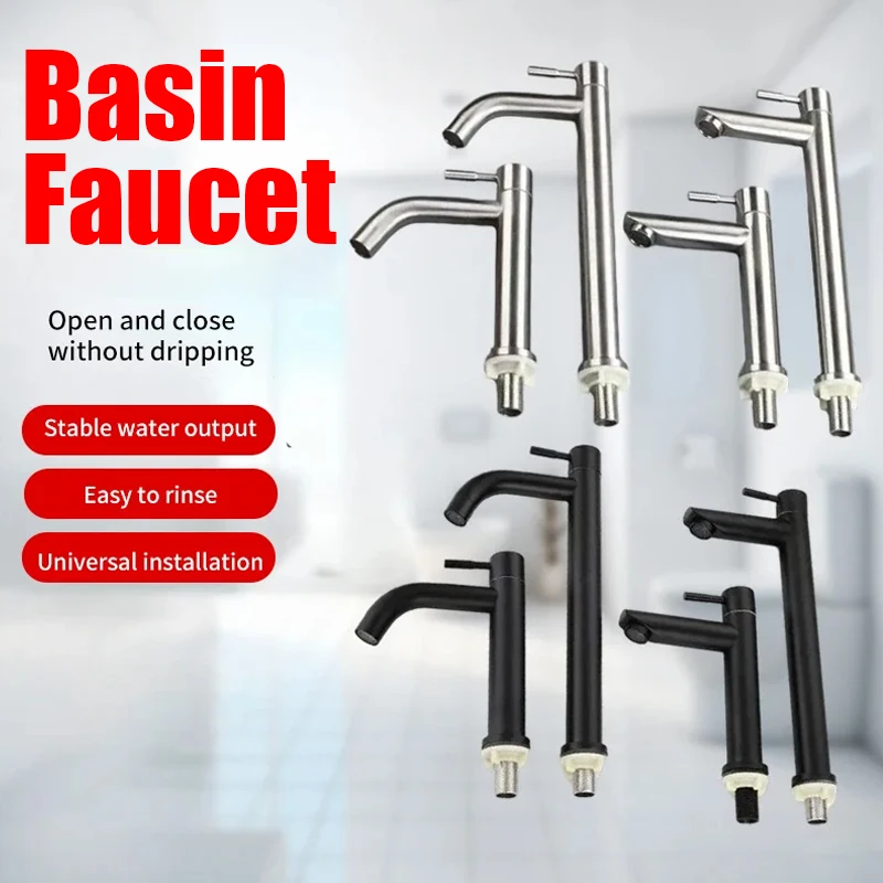 Basin Faucet 304 Stainless Steel Single Cold Water Tap Black Silver Color Deck Mounted Lengthening and Raising Basin Sink Tap