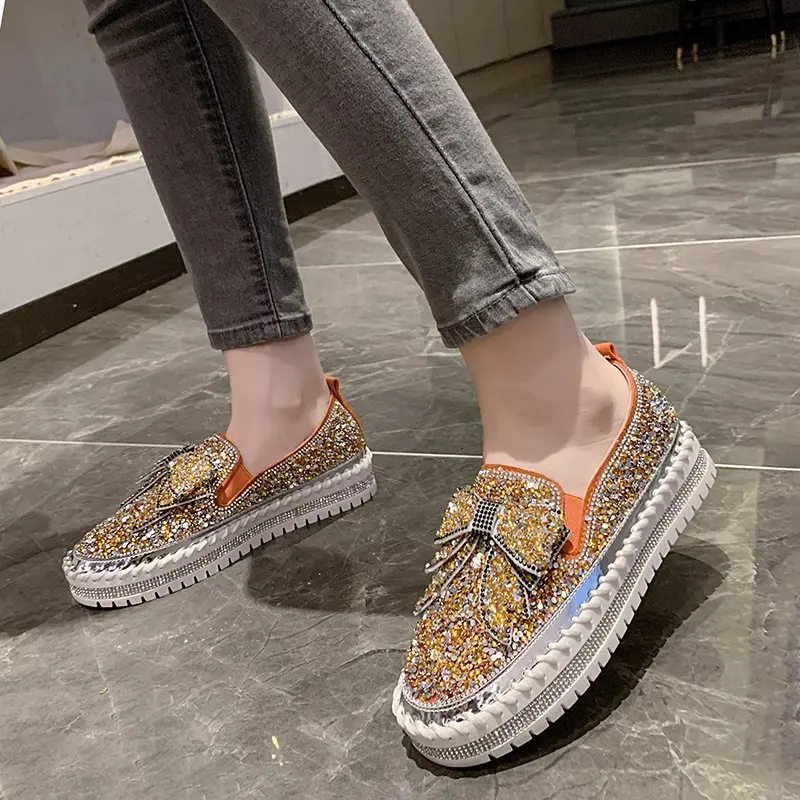 LazySeal Bling Sequine Upper Women Flat Heel Shoe Luxury Butterfly Street Style Casual Footwear Flats Plus Size 44