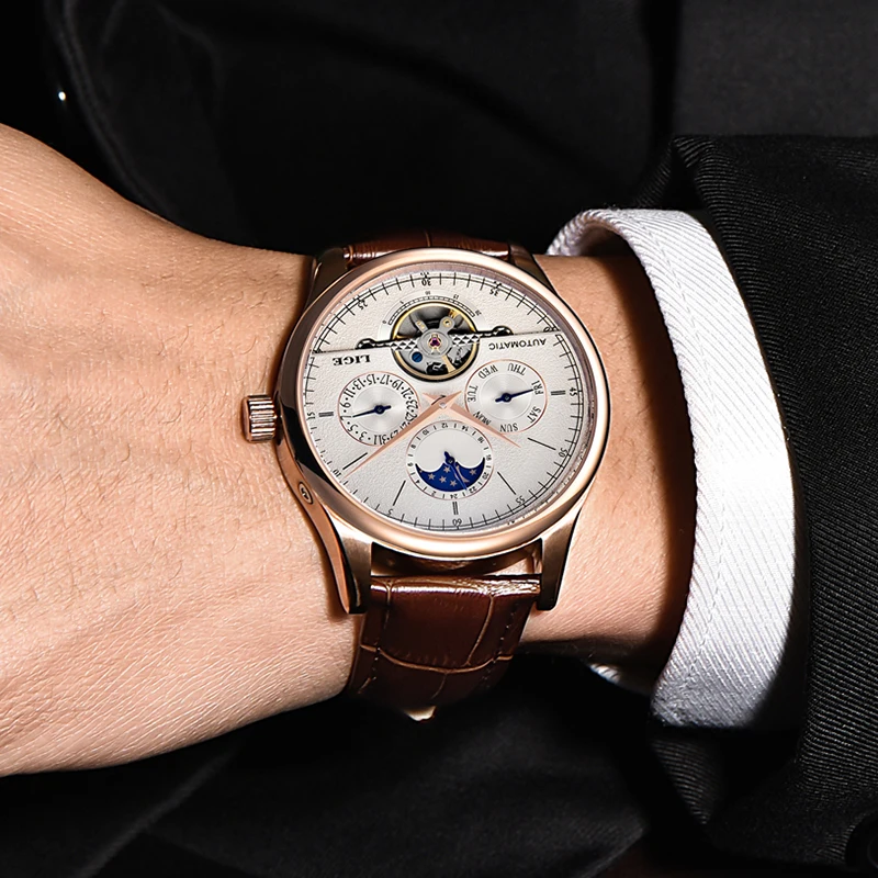 LIGE Tourbillon Watch Men Fashion Business Men Watch Brown Leather Sport Waterproof Automatic Mechanical Wrist Watches For Men