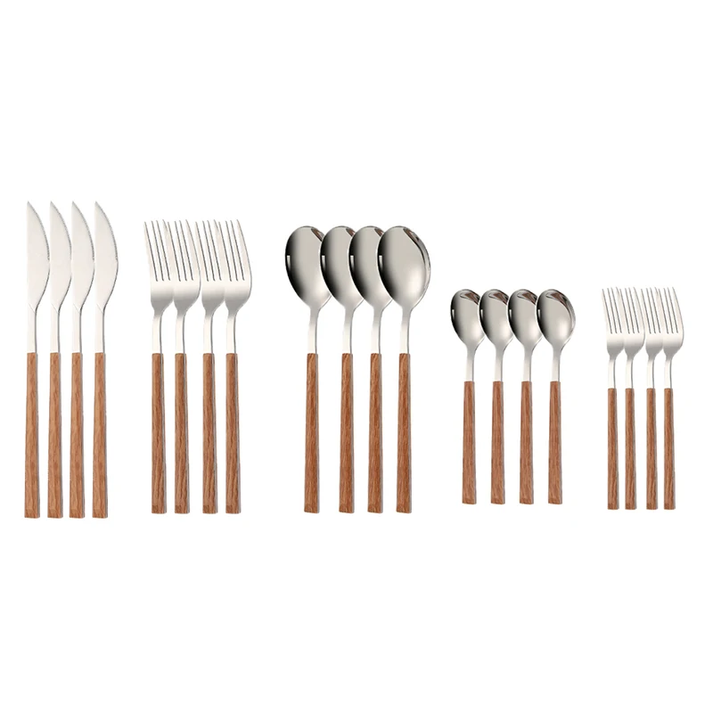 

16/20 Set Imitation Wood Grain Clip Handle 304 Stainless Steel Knife Fork Spoon Cutlery Set Tea Spoon Tea Fork Silverware Gift