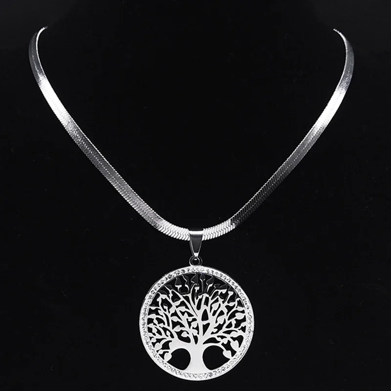 Collana Donna in Acciaio Con Albero Della Vita Con Cristalli Bianchi